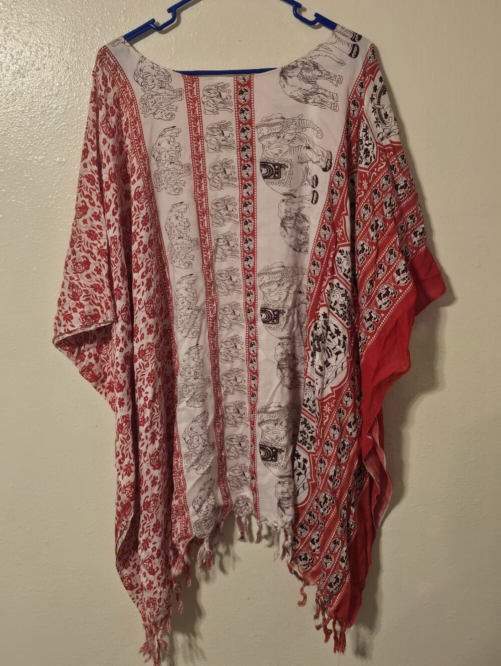 NWT Kathmandu Imports Red Boho Elephant Print Kaftan Poncho Tunic Top One Size
